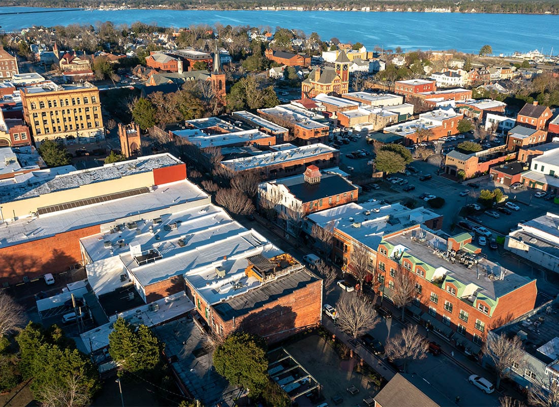 Gastonia, NC - Aerial View of Downtown New Bern North Carolina at Sunset